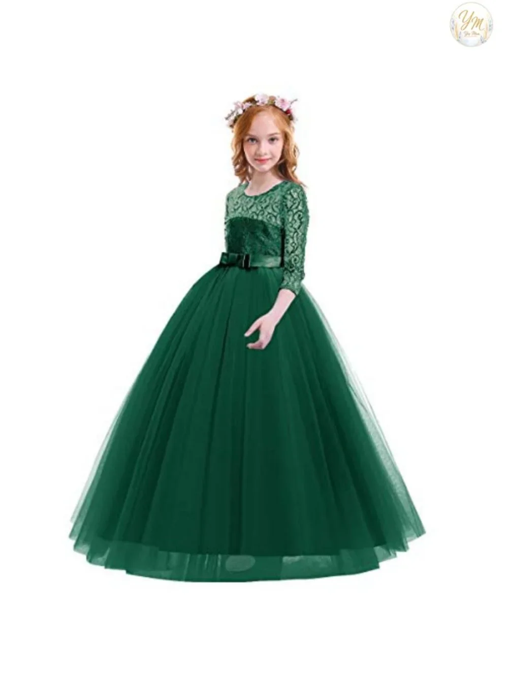 Girls Flower Girl Lace 3/4 Sleeve Wedding Princess Maxi Dress, High Waist, Back